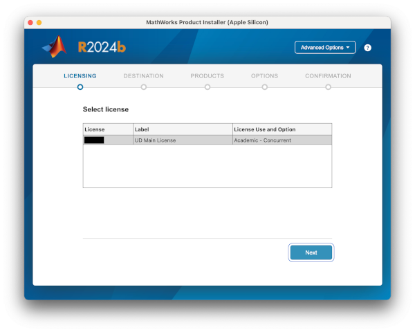 Screen capture of the select licensing prompt for MATLAB installation.