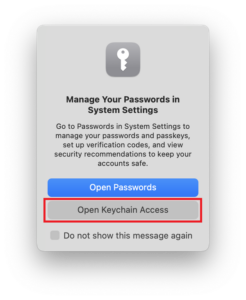 Screen capture image of opening the Keychain Access app on macOS.