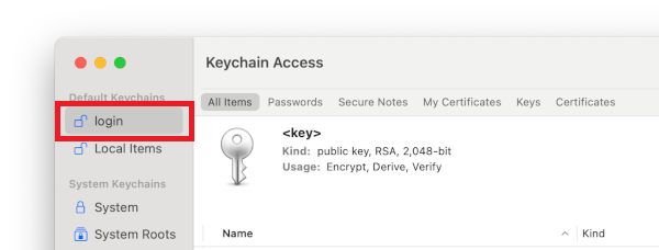 Screen capture image of selecting the login items in the Keychain Access app on macOS.