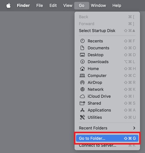 Screen capture of macOS Finder menu item "Go to Folder".