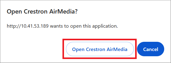 Crestron AirMedia Windows Open from web browser screen capture image.