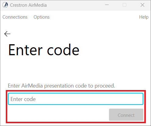 Crestron AirMedia Windows enter code screen capture image.